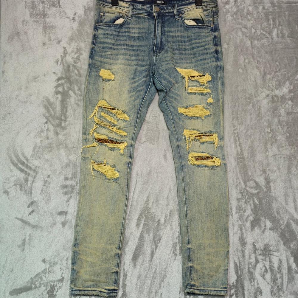 Fashion Nova Men Distressed Leopard Print Inset Jeans Vintage Blue Wash Size 34